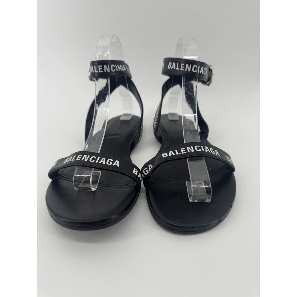 Authentic Balenciaga Logo Print Ankle Strap Sandal Black White Size 38.5 - Picture 2 of 10